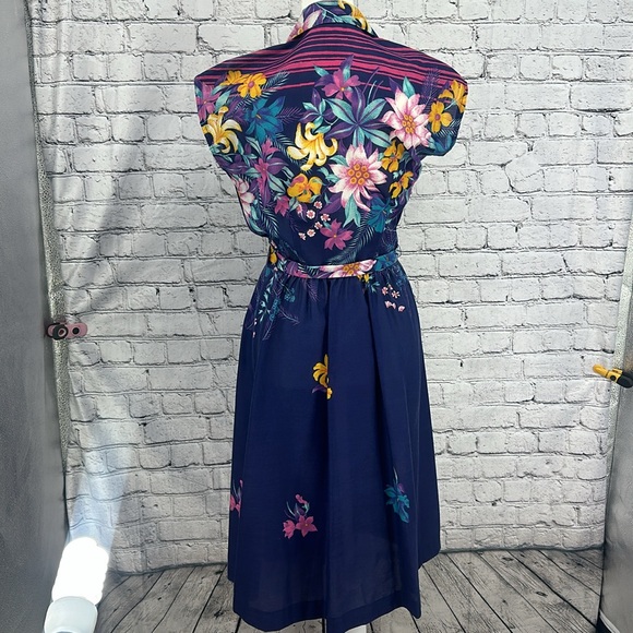 JERELL OF TEXAS Vtg. 80s Button Up Belted Midi Floral Cap Sleeve Dress 11 Navy - Picture 6 of 9